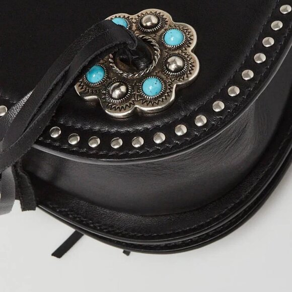 Prada Black City Calf Leather Turquoise Studded Folk Corsiere Crossbody Bag 1... - Picture 4 of 10